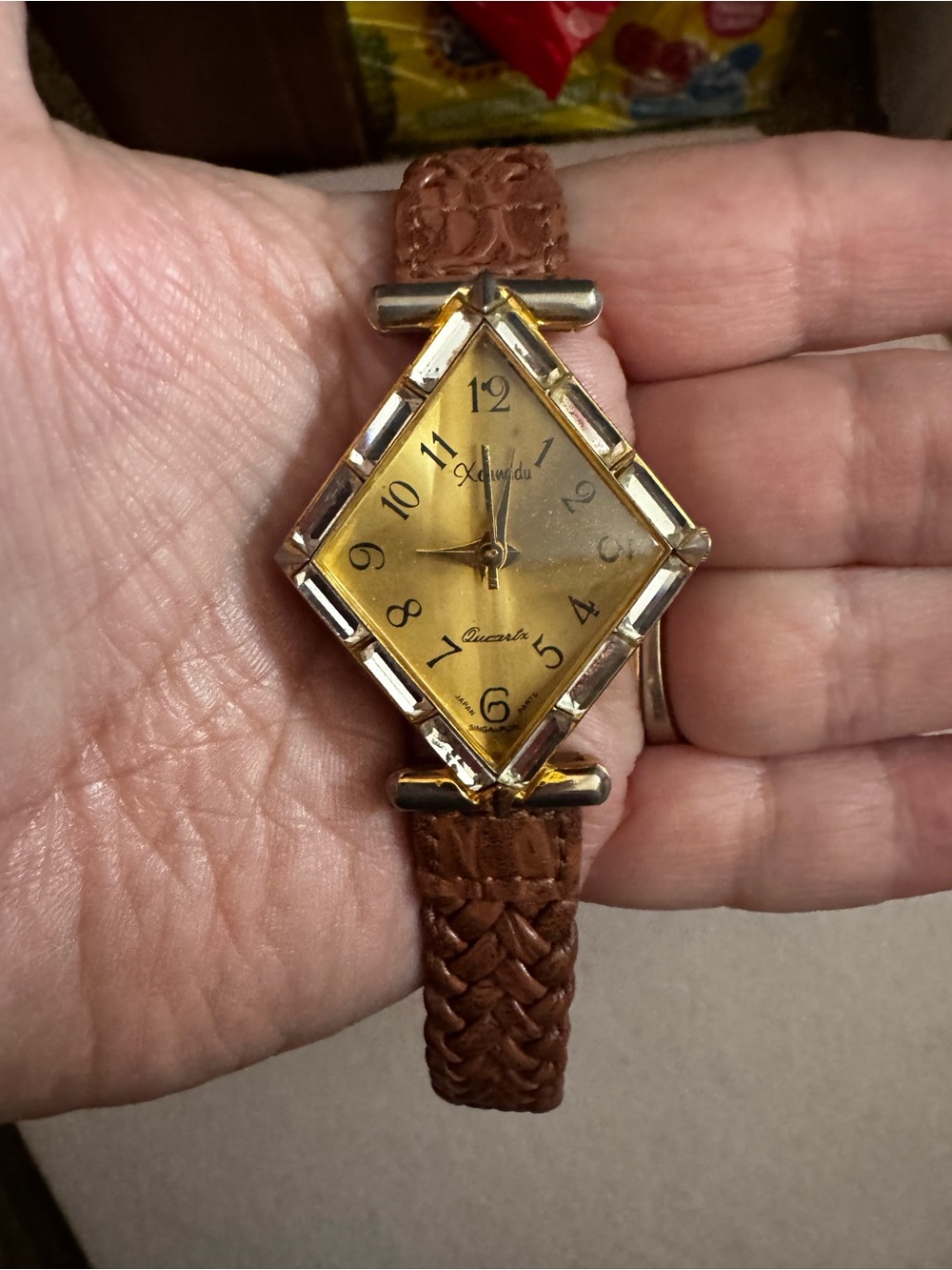 Vintage Xanadu Gold-Tone Diamond-Shaped Women's Watch with Brown Braided Strap